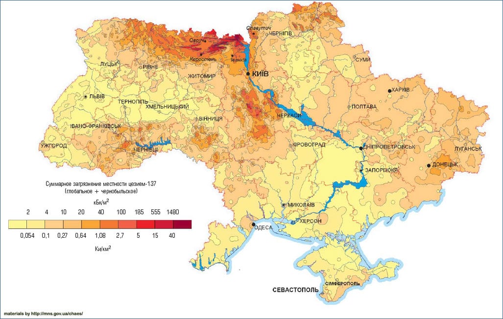 Фото: Карта загрязнения Украины цезием-137 по состоянию на 2006 год