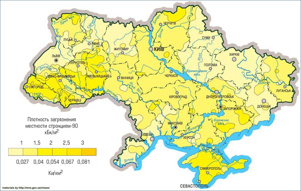 Фото: Карта радиационного состояния Украины до аварии на Чернобыльской АЭС - загрязнение стронцием-90