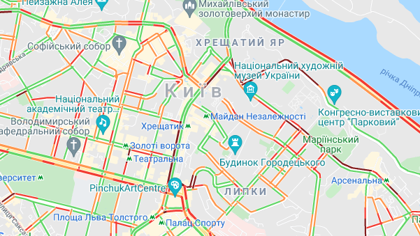 Затори в центрі Києва, карта - Гугл