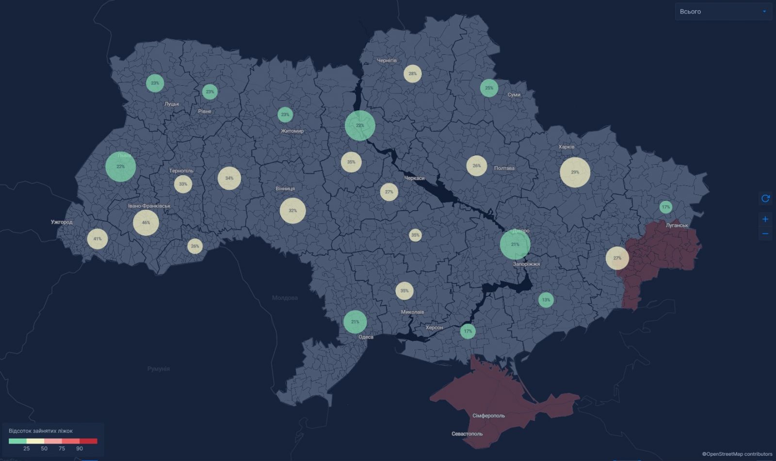 Ліжковий фонд в Україні. Карта: РНБО