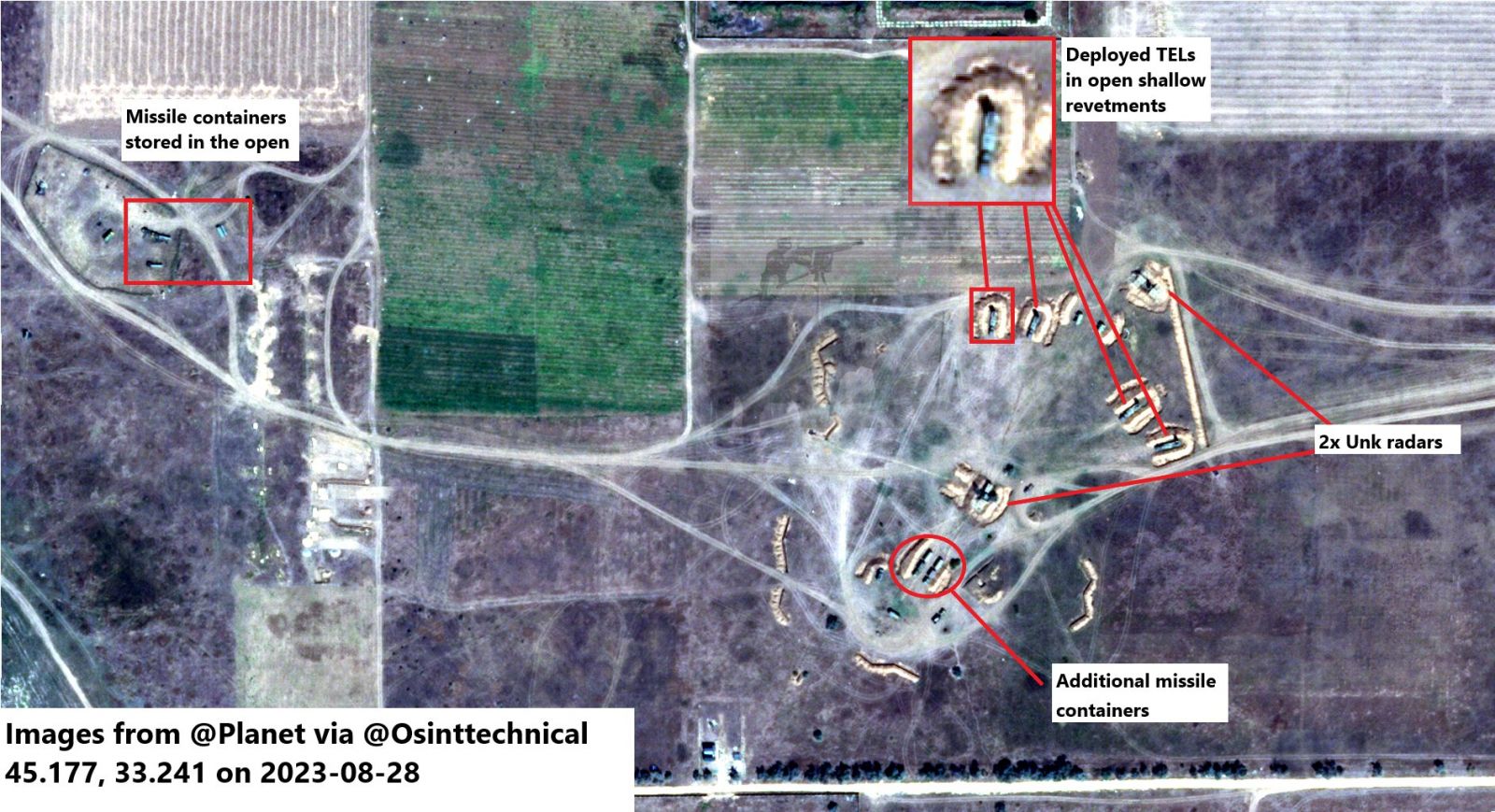 Супутниковий знімок від 28 вересня з позначенням місць розташування комплексу С-400, фото: OSINTtechnical