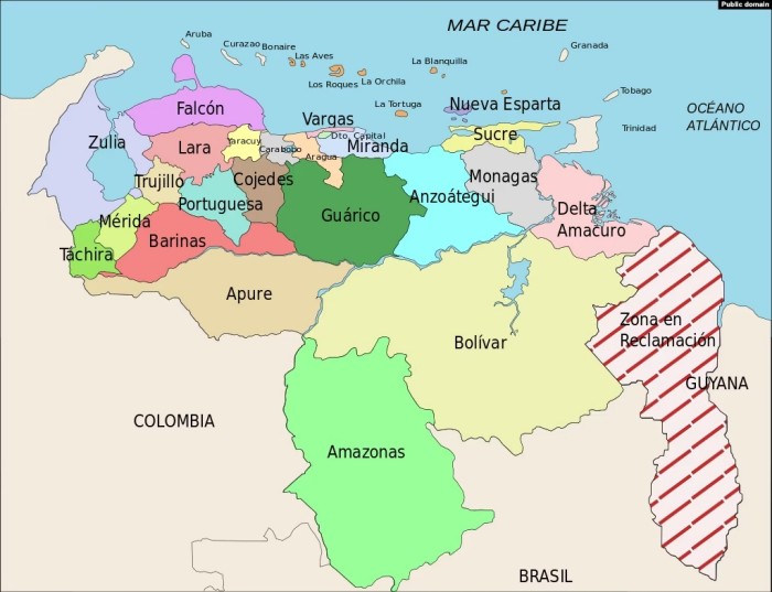 Колишня офіційна адміністративна карта Венесуели, на якій спірна територія «Гуаяна-Есекіба» (на сході) позначена штрихуванням, джерело: «Радіо Свобода»