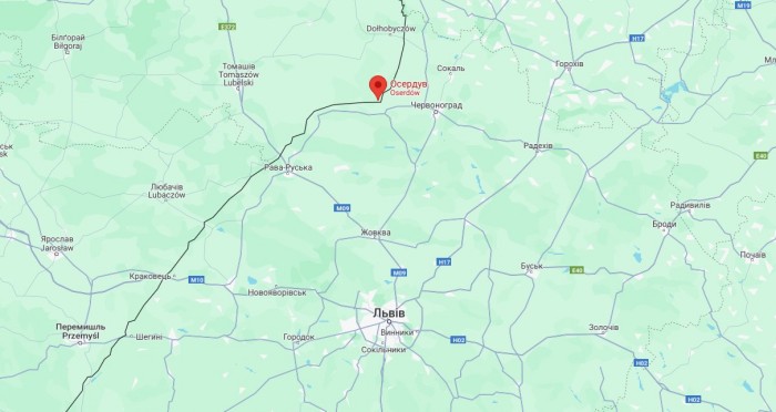 Російська ракета 39 секунд перебувала у повітряному просторі Польщі в районі села Осердув, фото: Google Maps