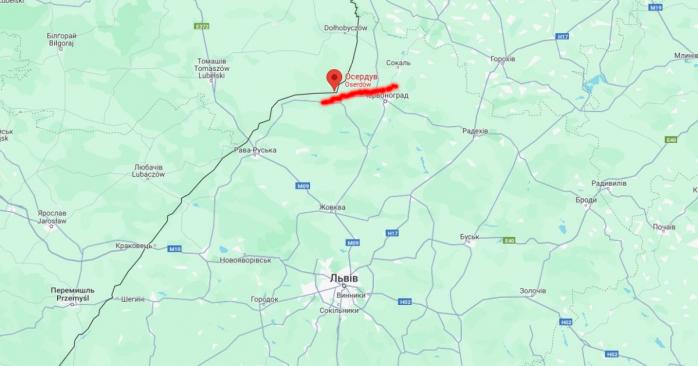 Російська ракета 39 секунд перебувала у повітряному просторі Польщі в районі села Осердув, фото: Google Maps