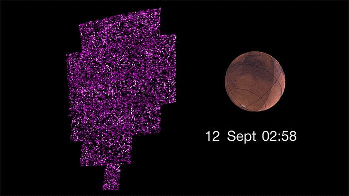 Фото: Фиолетовый и белый цвета показывают интенсивность УФ над Марсом / NASA