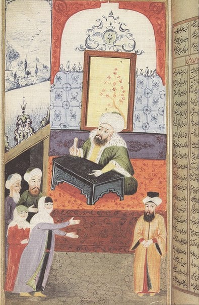 Османская миниатюра "Женщины жалуются кадию на мужчин"