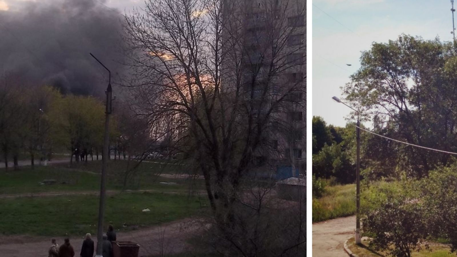 Місто Краматорськ відновлюється після АТО. Ліхтарний стовп на тлі диму від палаючих на барикаді покришок, 2014 рік. Згодом був відремонтований
