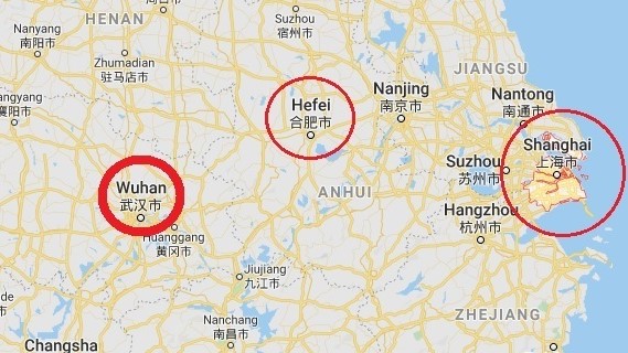 Эпидемия коронавируса в Китае. Города Ухань, Хэфэй и Шанхай. Фото: Скрин Google Maps