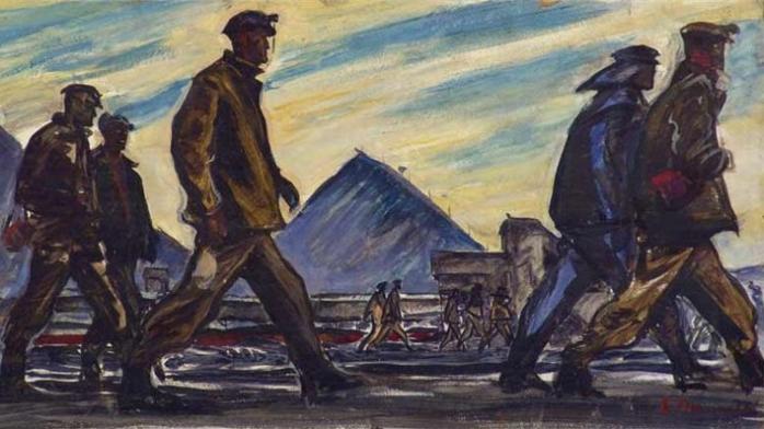 Зарплата шахтерам. Иллюстрация: Борис Окороков. Шахтеры после смены. 1963