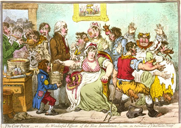 Карикатура, створена у 1802 році, коли Едвард Дженнер запропонував робити вакцинацію тваринам, які захворіли на віспу, щоб захистити людей