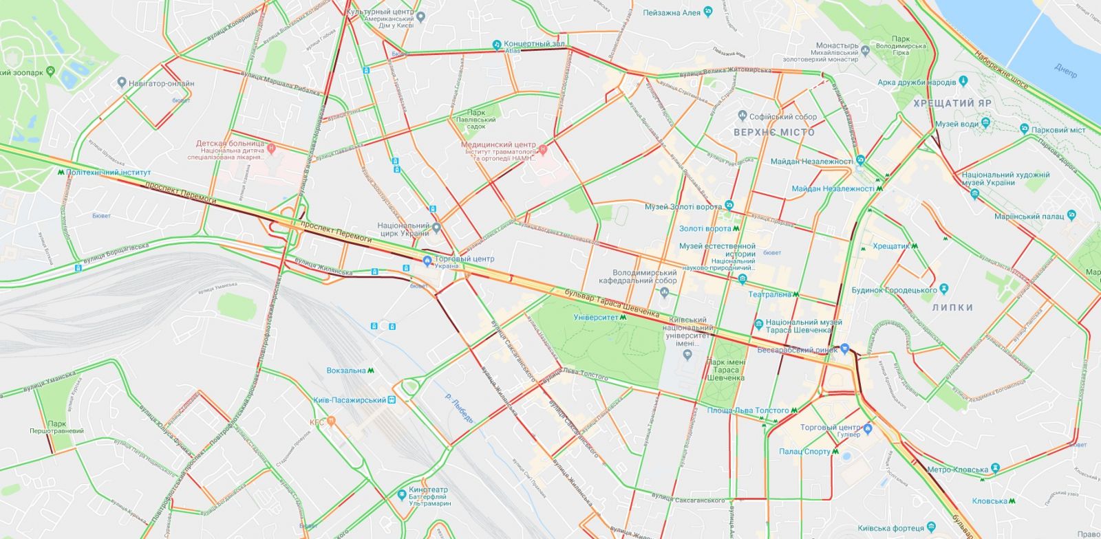В Киеве из-за снегопада и метели образовались пробки на дорогах. Карта: Google Maps