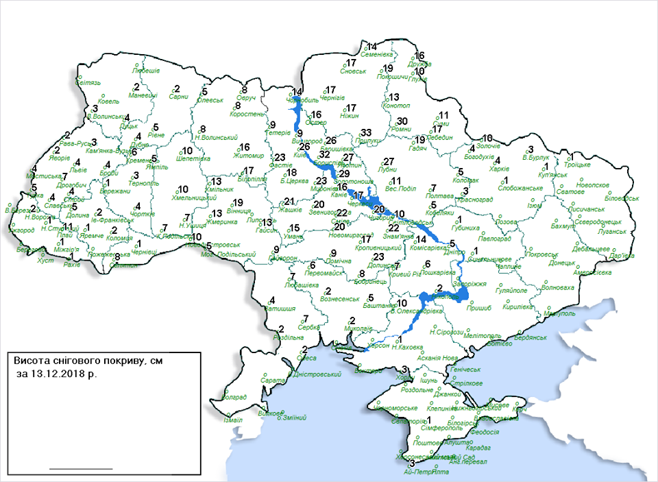 Карта снежного покрова по областям Украины / Укргидрометцентр