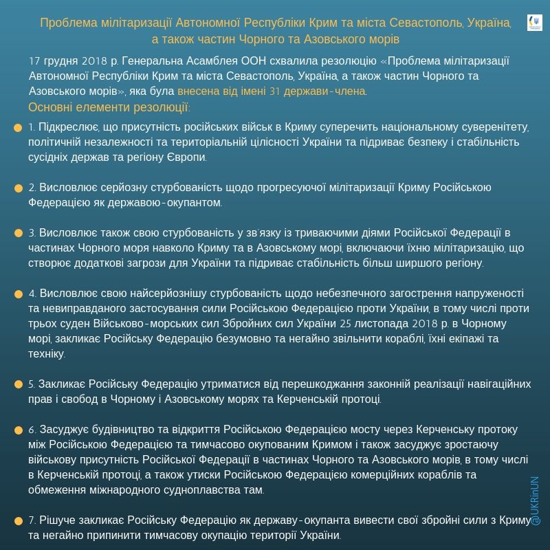 Суть резолюции о проблеме милитаризации оккупированного Крыма, а также частей Черного и Азовского морей, фото — Твиттер МИД Украины