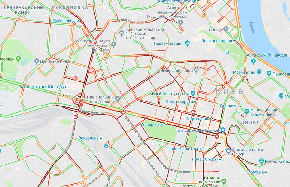 Центр Києва зупинився в багатокілометрових заторах, скріншот — GoggleMaps