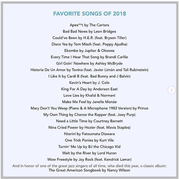 Кращі пісні 2018 року з рейтингу Барака Обами