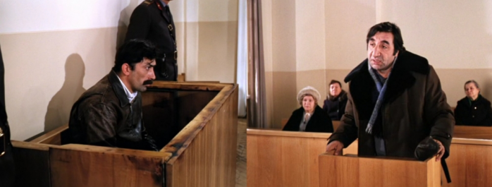 Адвокат і прокурор контролюють свідка. Фото: кадр з фільму "Міміно"