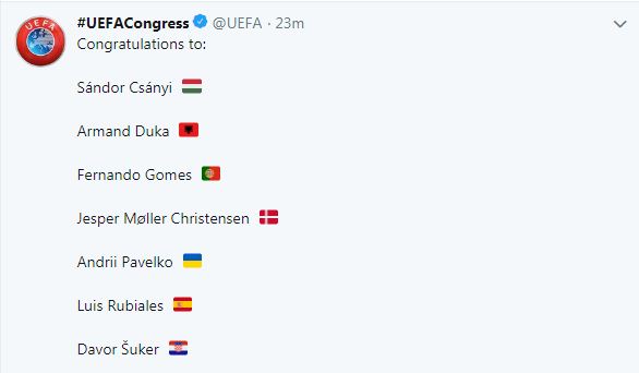 Перелік нових членів виконкому УЄФА, скріншот — Твіттер УЄФА