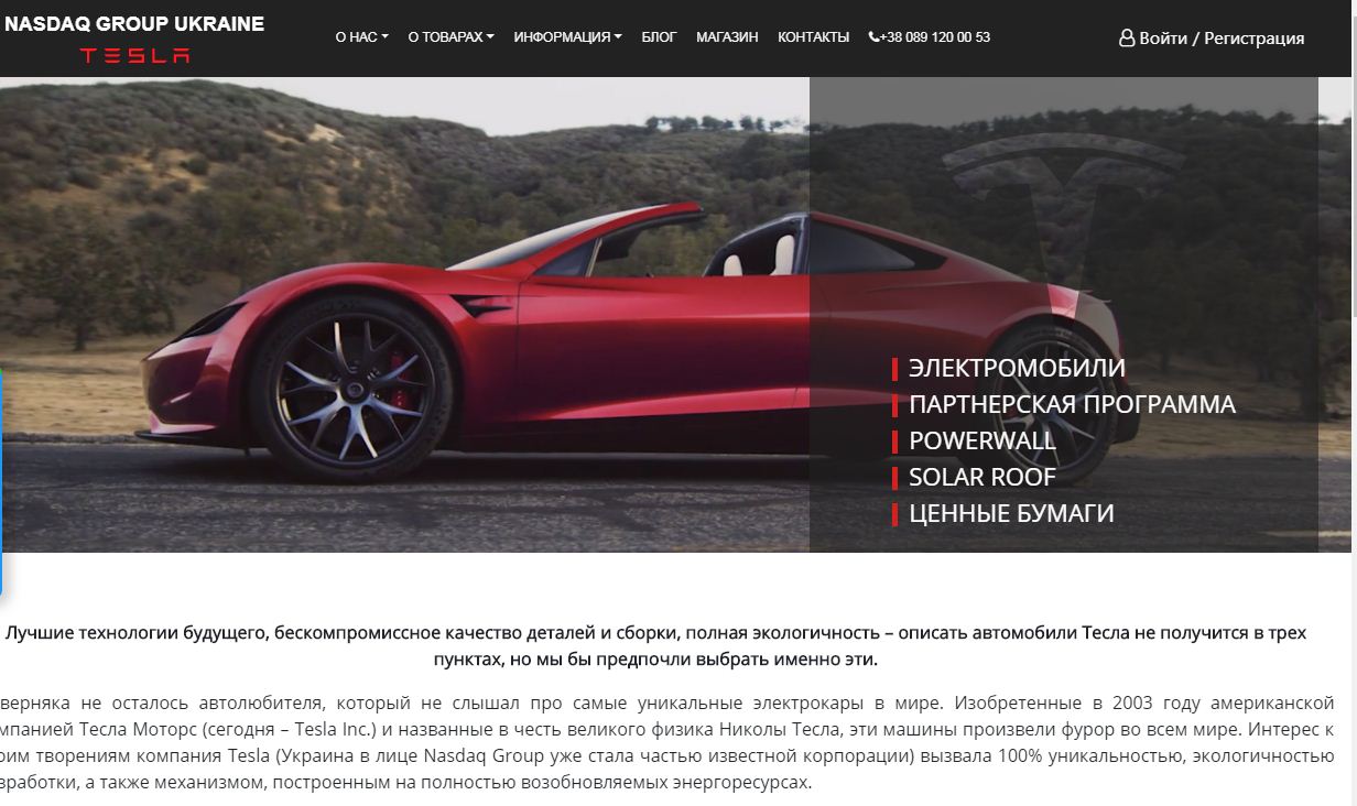 Скриншот сайта фейкового представительства Tesla