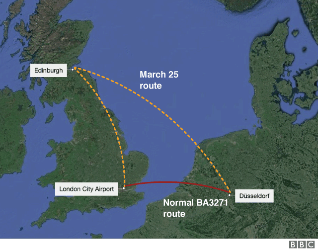 Самолет British Airways заблудился и вместо Германии полетел в Шотландию, карта — BBC