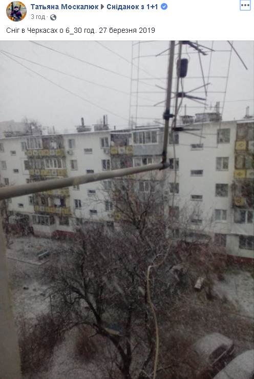 Сніг випав в Україні у ніч на 27 березня. Скріншот із Facebook