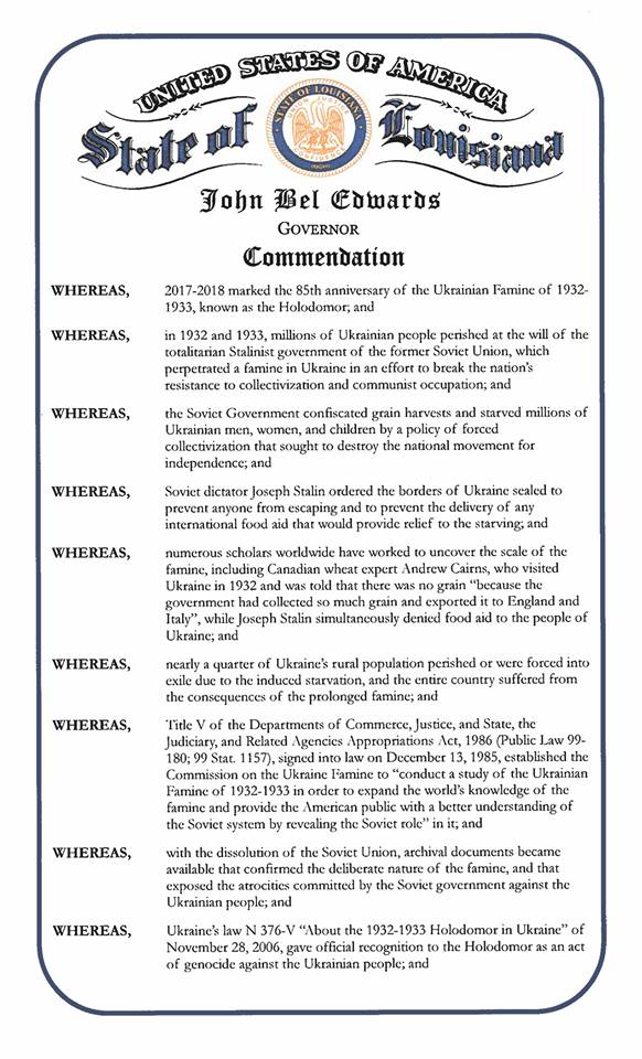 Губернатор штату Луїзіана видав прокламацію про визнання Голодомору. Фото: Посольство України в США