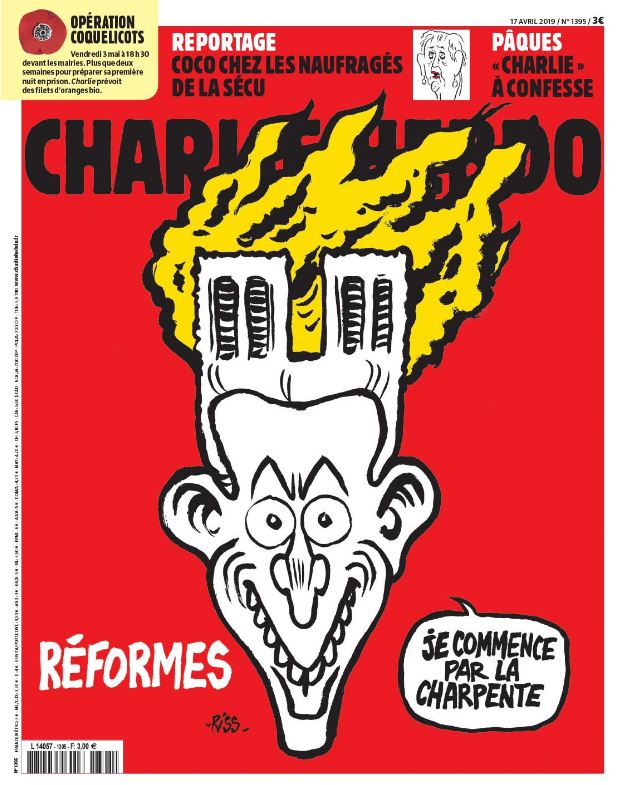 Charlie Hebdo отреагировал на пожар в соборе Нотр-Дам ехидной карикатурой с Макроном