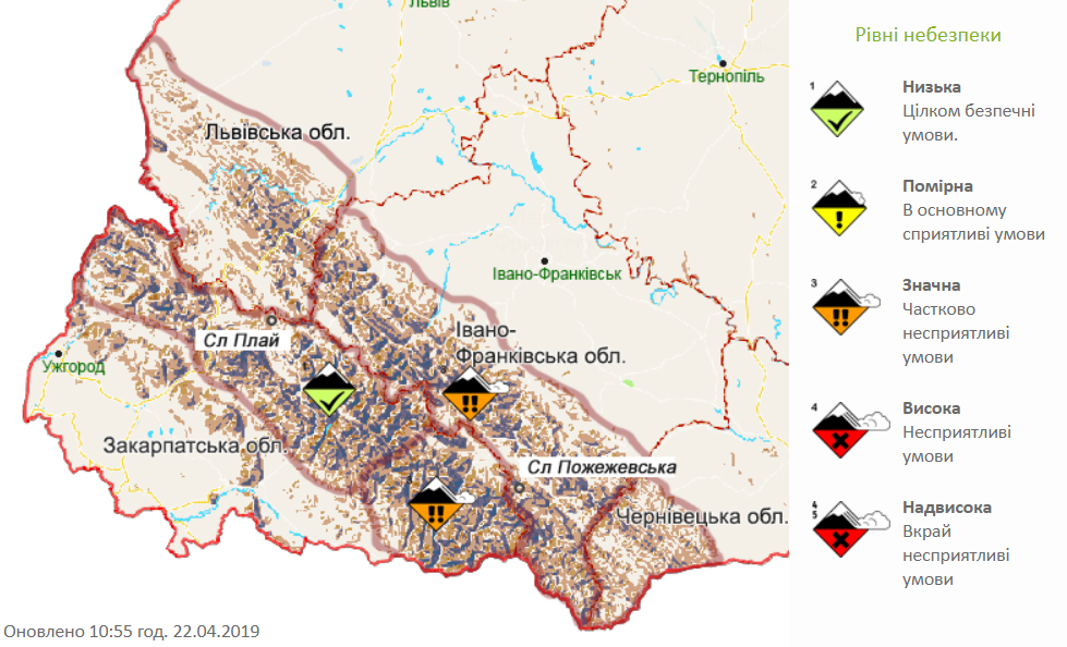 Снеголавинная опасность в Карпатах. Карта: Укргидрометцентр 