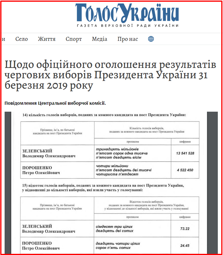 Выборы президента обнародовали в газете. Скриншот: «Голос Украины»