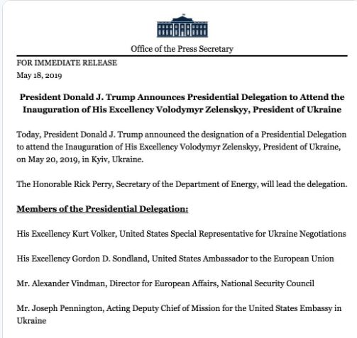 США оприлюднили склад делегації на інавгурацію Зеленського, фото — Твіттер К.Волкера 