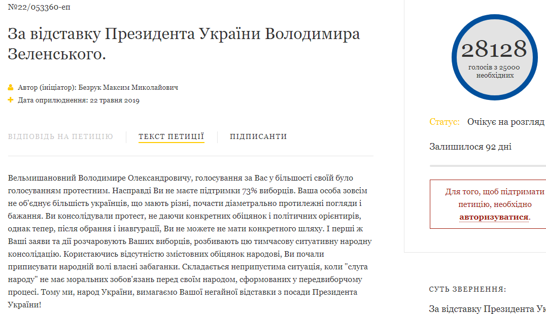 Петиция об отставке Зеленского. Фото: petition.president.gov.