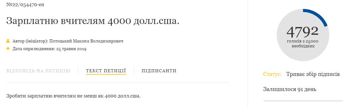 Троллинг петициями продолжается: у Зеленского требуют увеличить зарплату учителей до 4 тыс. долл., скриншот — сайт президента Украины