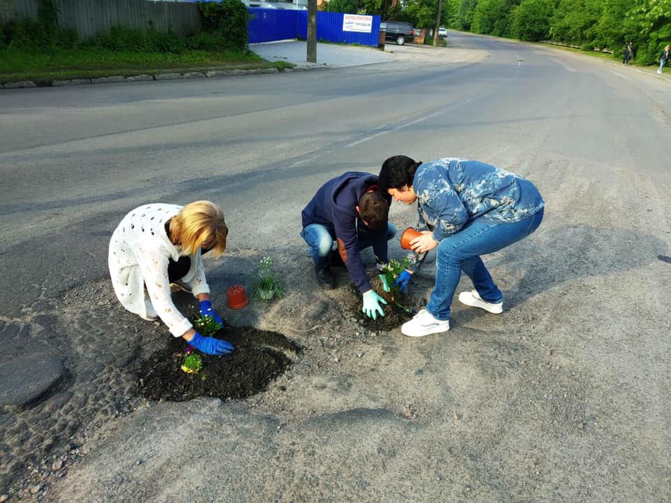 Ями на дорогах у Луцьку залатали квітами, фото — Фейсбук 