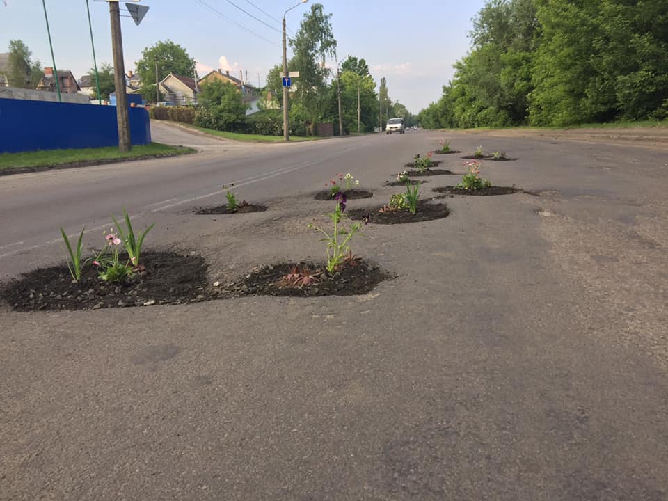 Ямы на дорогах в Луцке залатали цветами, фото — Фейсбук «Развитие микрорайонов города»