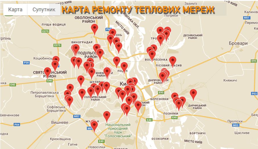 Кияни стежитимуть за ремонтом тепломереж на онлайн-карті, скріншот сайту kte.kmda.gov.ua