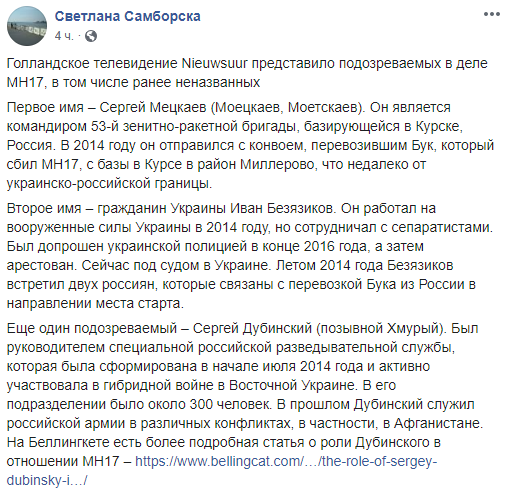 Самборская перевела статью, в которой говорится о подозреваемых в трагедии МН17. Фото: Facebook
