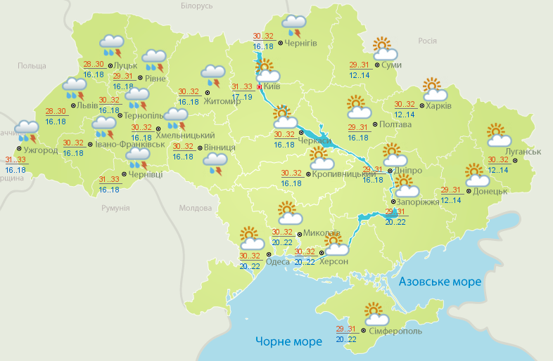 Погода в Україні на 13 серпня: спека не відступатиме, на заході очікують грози, град та шквали, карта — Гідрометцентр