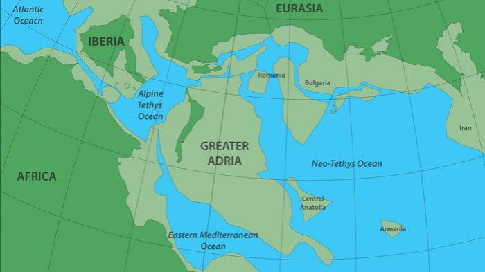 Близько 140 млн років тому Велика Адрія, яка пізніше потрапила під південну Європу, була наземним масивом розміром з Ґренландію (занурені ділянки сіро-зеленого кольору), розташованим на південь від континенту, фото: Science