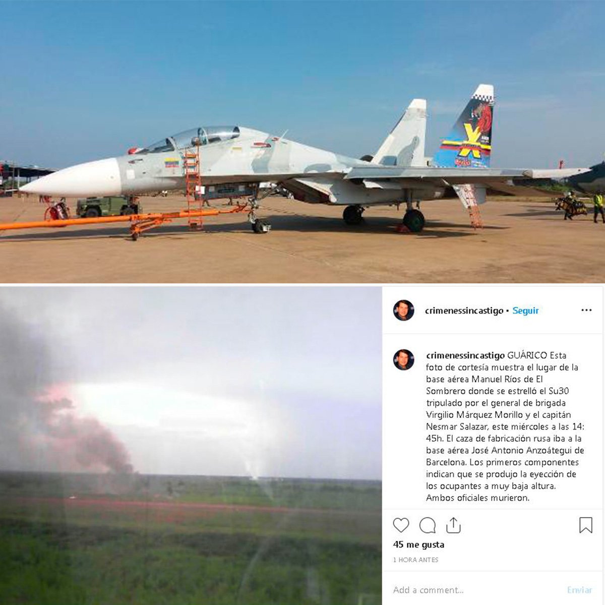 У Венесуелі розбився винищувач Су-30, обидва пілоти загинули. Скріншот: Instagram