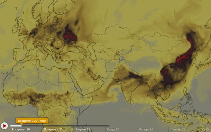 Забруднення повітря в Україні монооксидом вуглецю в неділю вранці, скріншот: «Самый сок!»