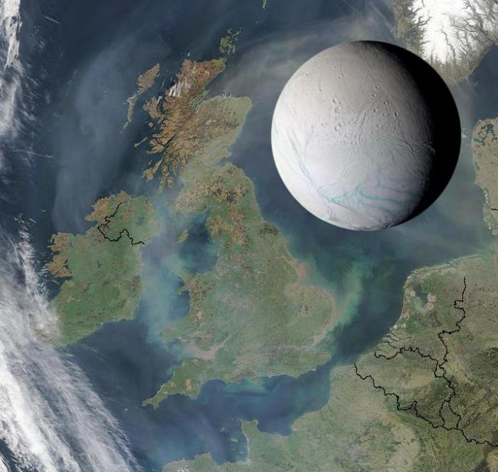 Изображение Энцелада на фоне земной поверхности (рядом с Великобританией) позволяет оценить, насколько малым является этот спутник, фото: «Википедия»