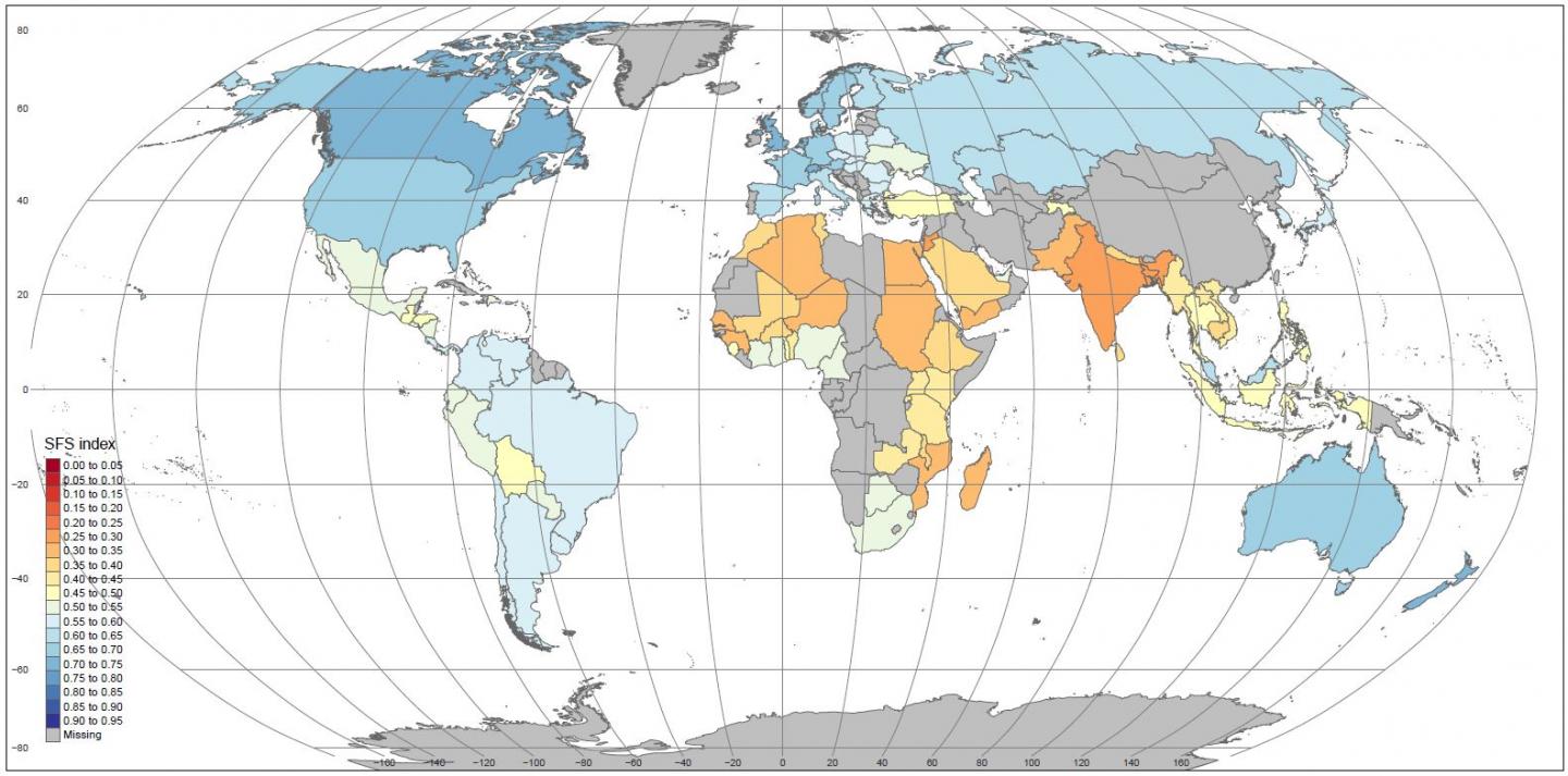 На карте представлена ​​стабильность пищевых систем по стране. Шкала переходит от синего до красного, при этом синий цвет указывает на высокий показатель устойчивости. Серый означает, что не хватает данных, чтобы оценить страну. Карта: Международный центр тропического земледелия