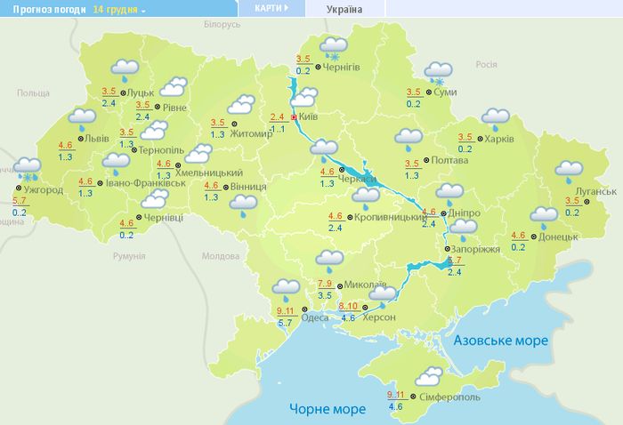 Погода в Украине на 14 декабря. Карта: Гидрометцентр
