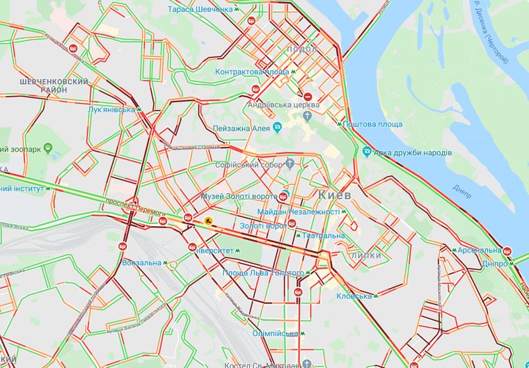 Столкновения под Радой: в центре Киева возникли пробки, фото: GoogleMap