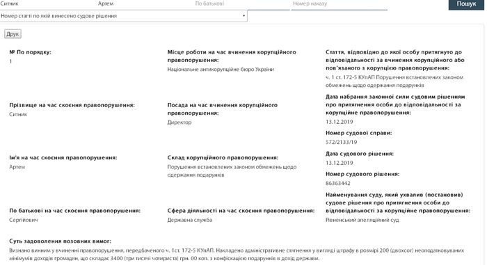 Скриншот страницы Единого государственного реестра лиц, которые совершили коррупционные или связанные с коррупцией правонарушения