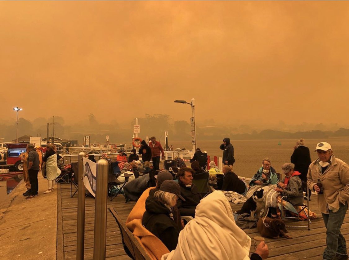 В Австралии тысячи туристов бежали к побережью океана из-за лесных пожаров, фото: twitter-Siobhan Heanue