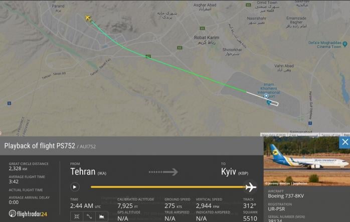 Авіакатастрофа в Ірані: списки загиблих уточнюються, уряд готує пошукову групу, яка вилетить в Тегеран, фото — FlyRadar24