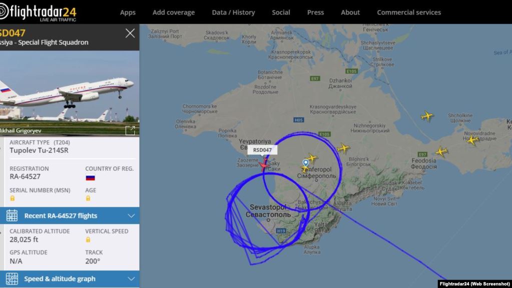 Літак Кремля кружляє над анексованим Кримом, фото: Flightradar24