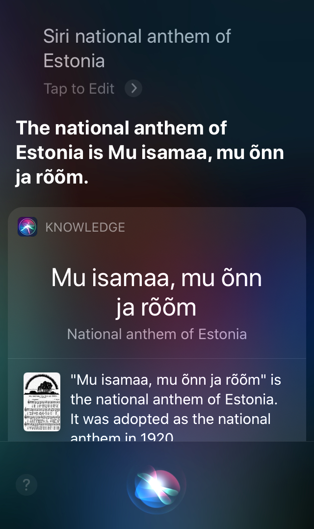 Ось, що відповідає Siri на запит «Який в Естонії національний гімн?»