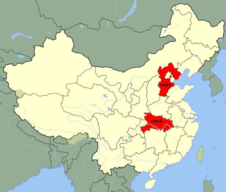 Провинции Хубэй и Хэбэй в Китае. Карта: Wikipedia