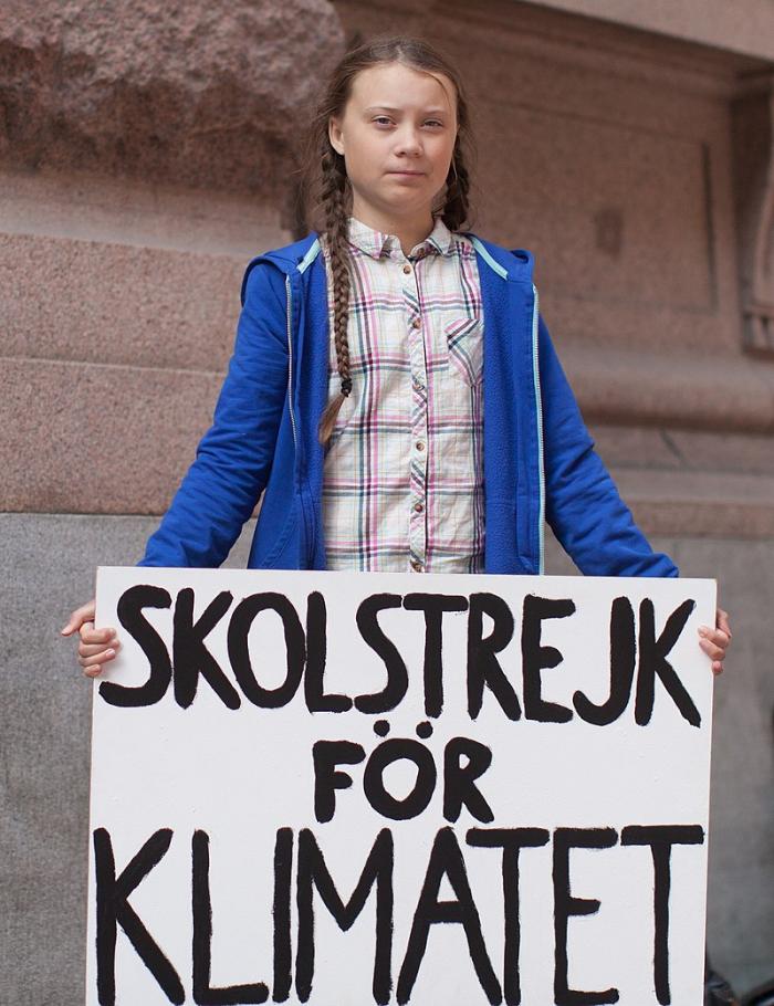 Грета Тунберг с плакатом «Skolstrejk för klimatet», фото: Anders Hellberg